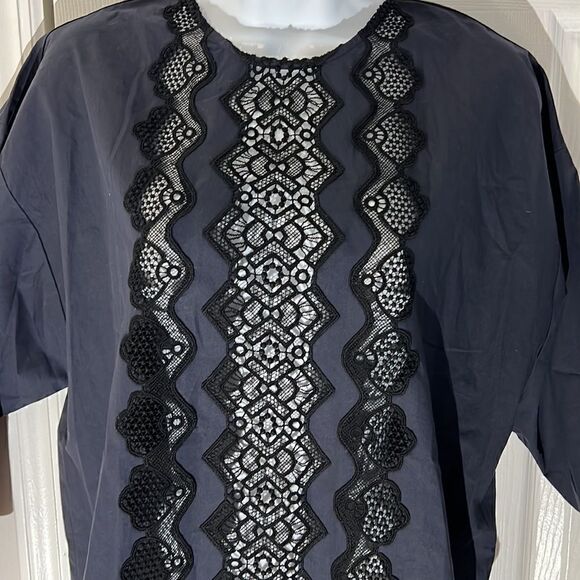 NWOT SANDRO Paris Back Button Short Sleeve Lace Front Shirt Navy Blue Sz 1 - Picture 2 of 9